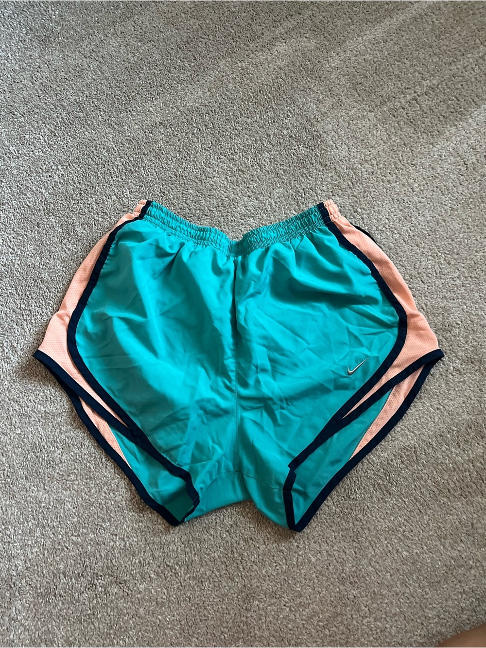 Nike Women's Teal Running Shorts with Pink and Navy Trim